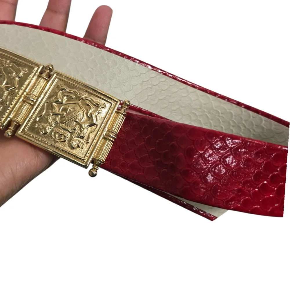 Vintage Accessocraft Crest Statement Belt Red Faux Snake Heraldic Lion One Size